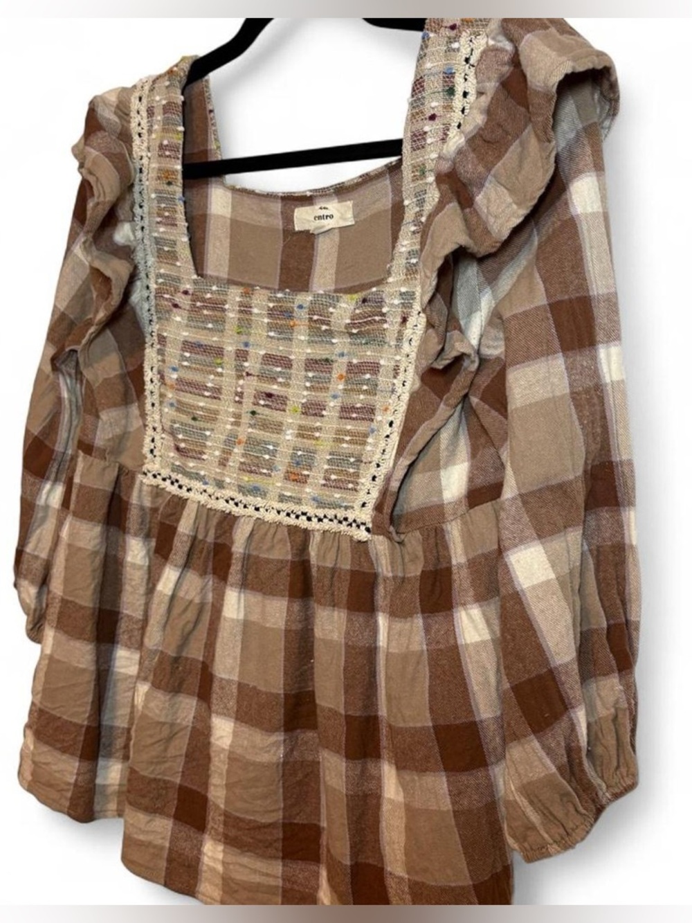 entro Brown and Cream Plaid Ruffle Peasant Top - Picture 6 of 7